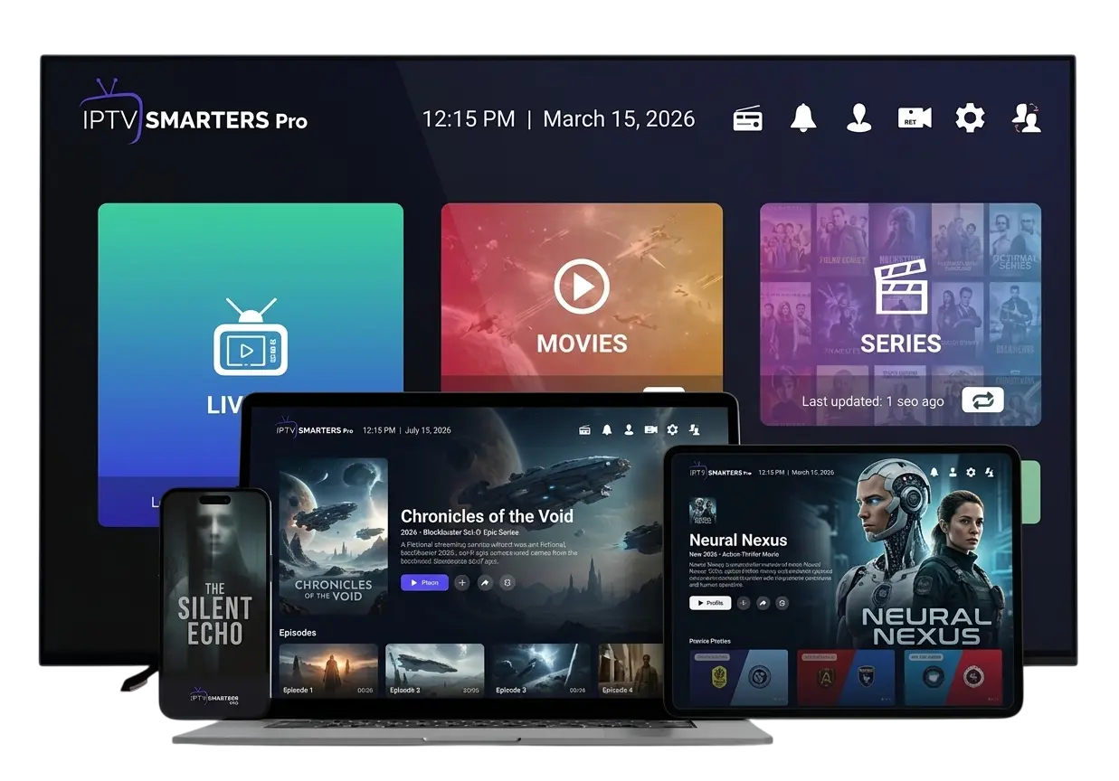 IPTV Smarters Pro sur TV, ordinateur portable, tablette et smartphone — streaming 4K Ultra HD